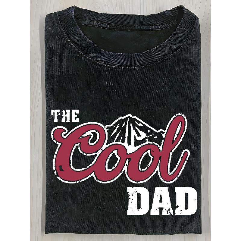 Men'S Vintage Washed Batik T-Shirt  "The Cool Dad" Mountain Graphic & Red Cursive Lettering, Casual Round Neck All-Season Fit, Ideal Father'S Day Gift