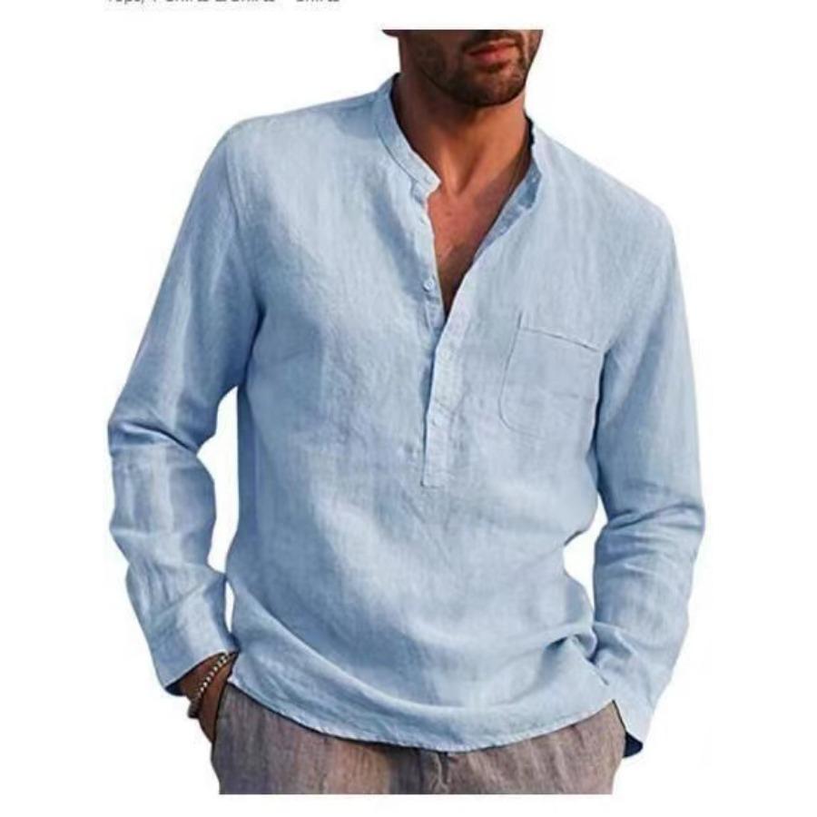 Men's Long Sleeve Stand Neck Casual Tops Beach Spring Solid Color Cotton Linen Shirt