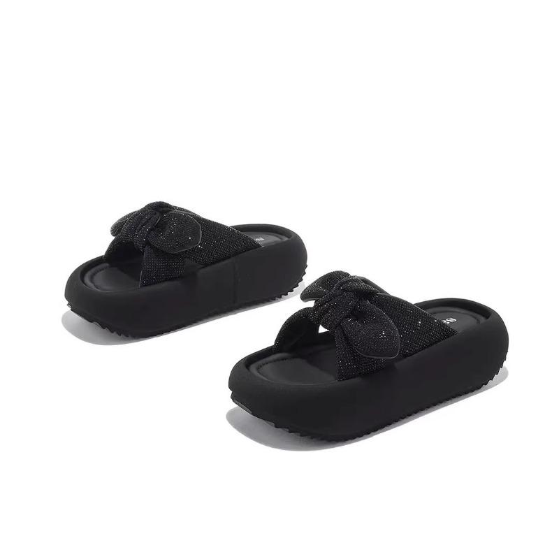

Rhinestone outer wear fashion rest one-word shoes summer new bow slippers thick-soled beach slippers 40 чёрный