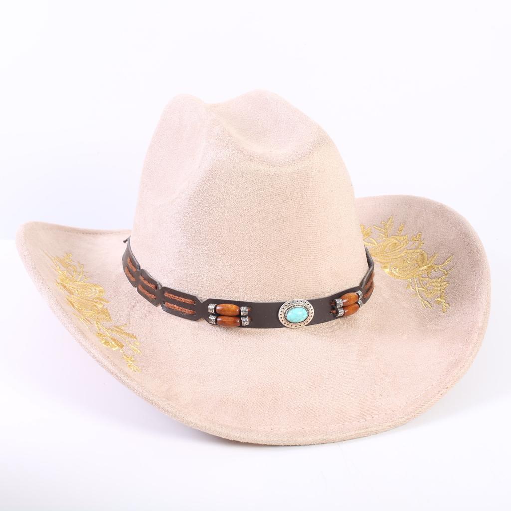 Beliebter europäischer und amerikanischer klassischer Wildleder Western Cowboyhut für Herren und Damen, großer Schirm, bestickt, Outdoor-Sonnenhut