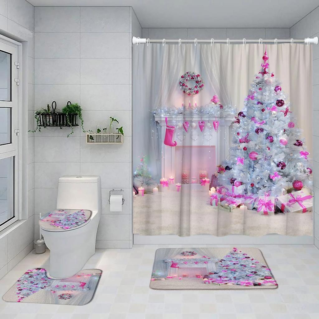 Funny Snowman Shower Curtain Set Xmas Ball Silver Pine Branches Gift Christmas Home Bathroom Decor Rug Bath Mat Toilet Lid Cover