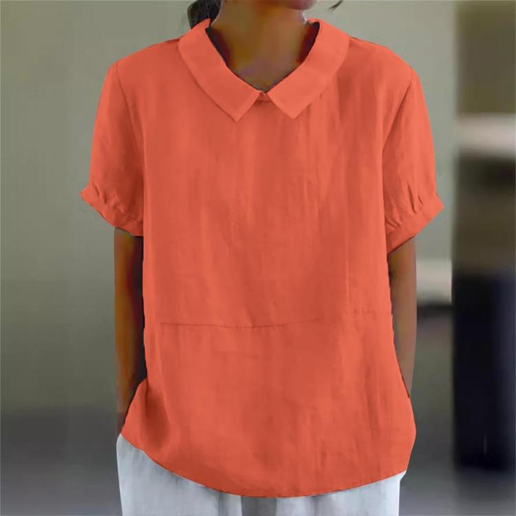 Summer Casual Blouse Peter Pan Collar Cotton Loose Ladies Shirt Short Sleeve Solid Color Breathable Womens Tops