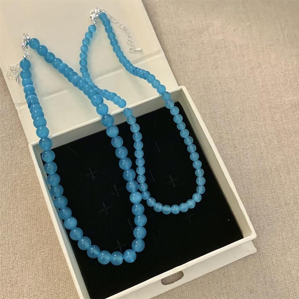 Women's Blue Opal Cat Eye Stone Ball Chain Necklace