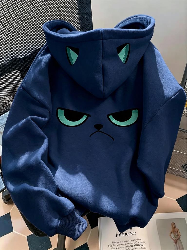 Cartoon Grumpy Cat Print Hoodie for Women Creative Hood Cat‑Ear Design Long Sleeve Casual Oversized Hooded Pullover Sweatshirt