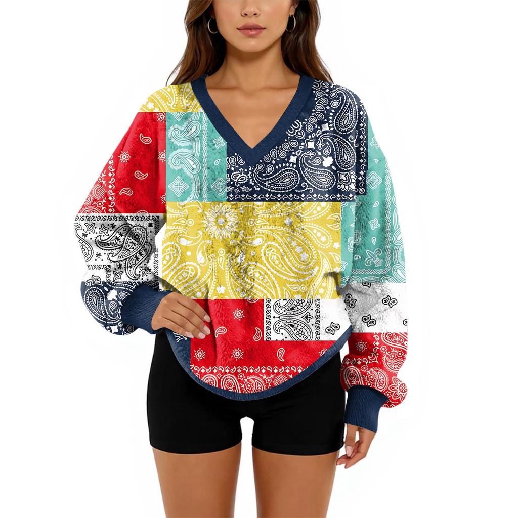 Women's V-Neck Sweatshirt Plush Solid Color Casual Fashion Long Sleeve With Pocketed Pullover Top
