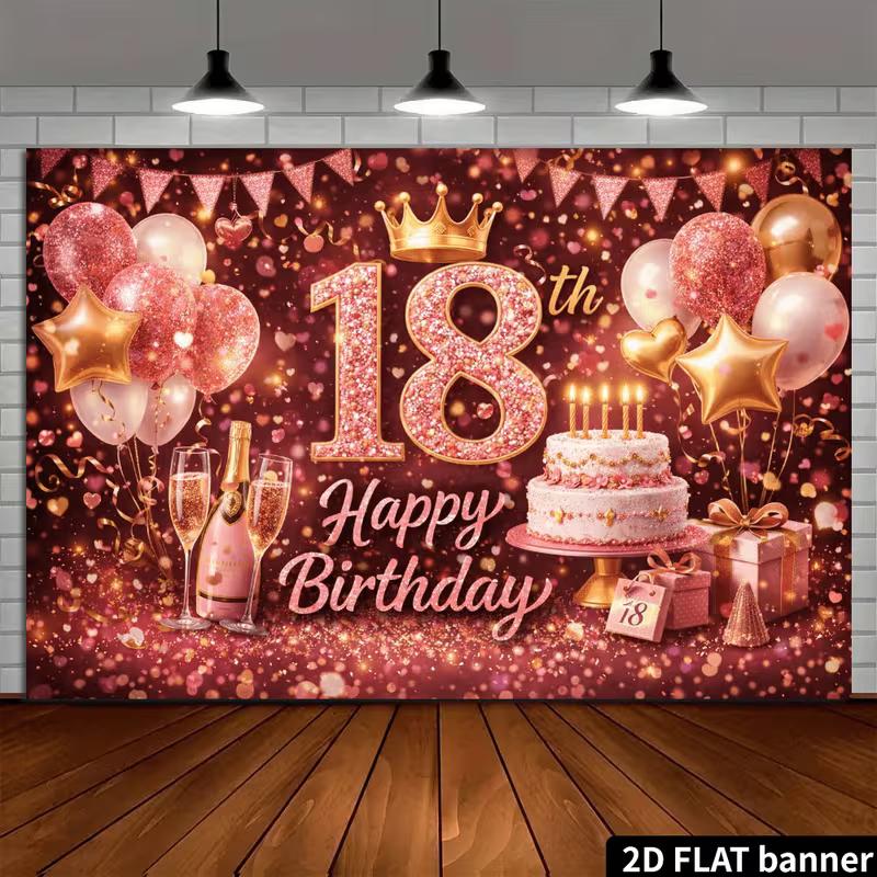 2D 18th Birthday Photography Background, Rose Gold Themed Party Backdrop Banner
