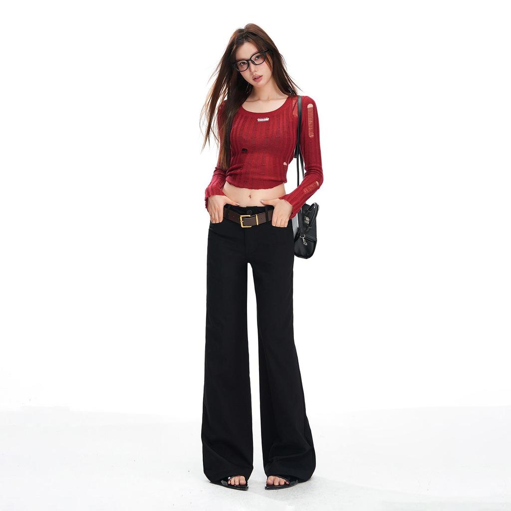 2026 Spring Slim-Fit American Style High-End Floor-Length Suit Pants - Black & White, Mid-Low Waist, Non-Clingy, Slimming Design