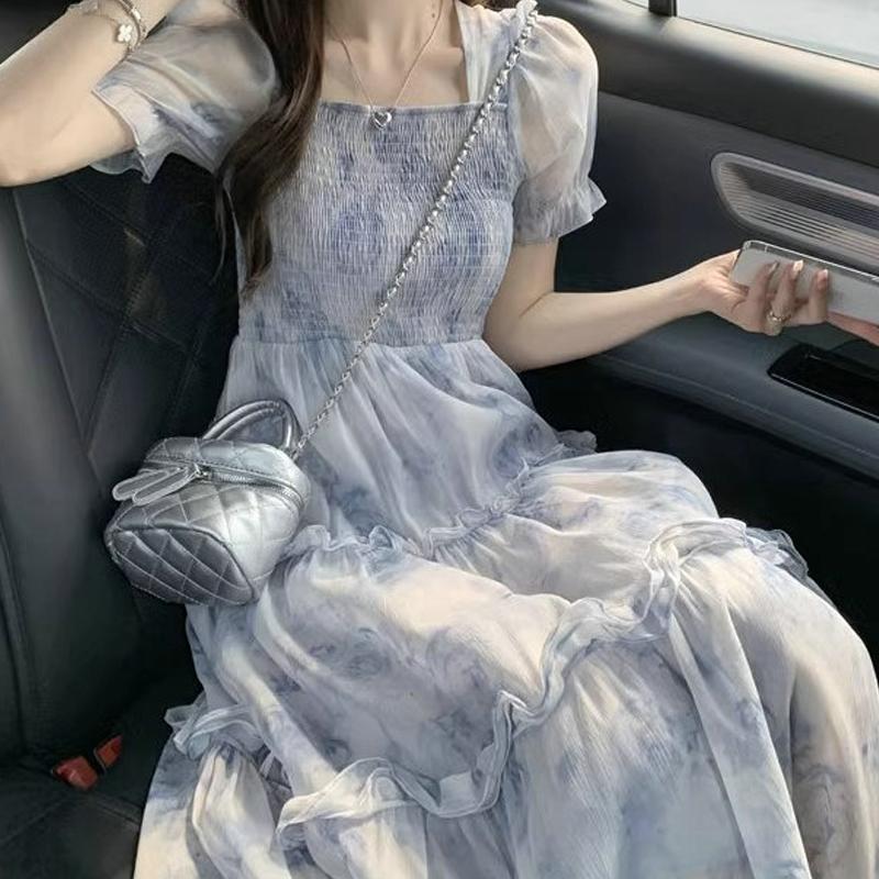 

Gentle style tea French long skirt 2025 summer temperament waist square collar floral dress girl CH-307 XL