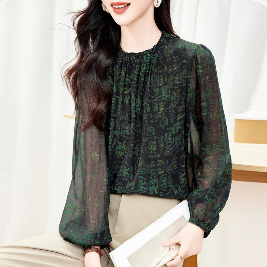 

Модная футболка с круглым вырезом из шелка, женственная, с элегантным принтом из шелка-тутового шелкопряда 3XL [recommended 140~ 77.5kg]