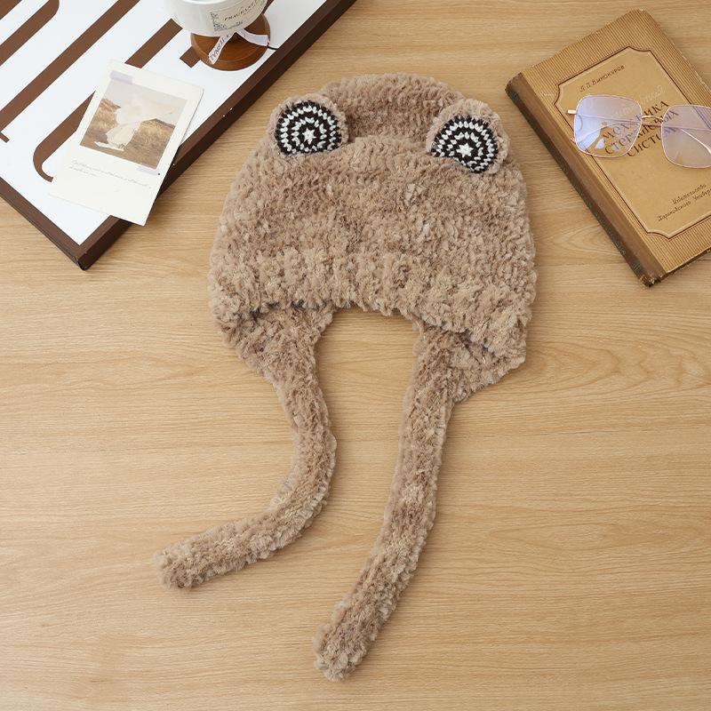 Winter Hat Women's Plush Cute Frog Ears Versatile Lace-up Wool Hat Warm Plush Thickened Headhat