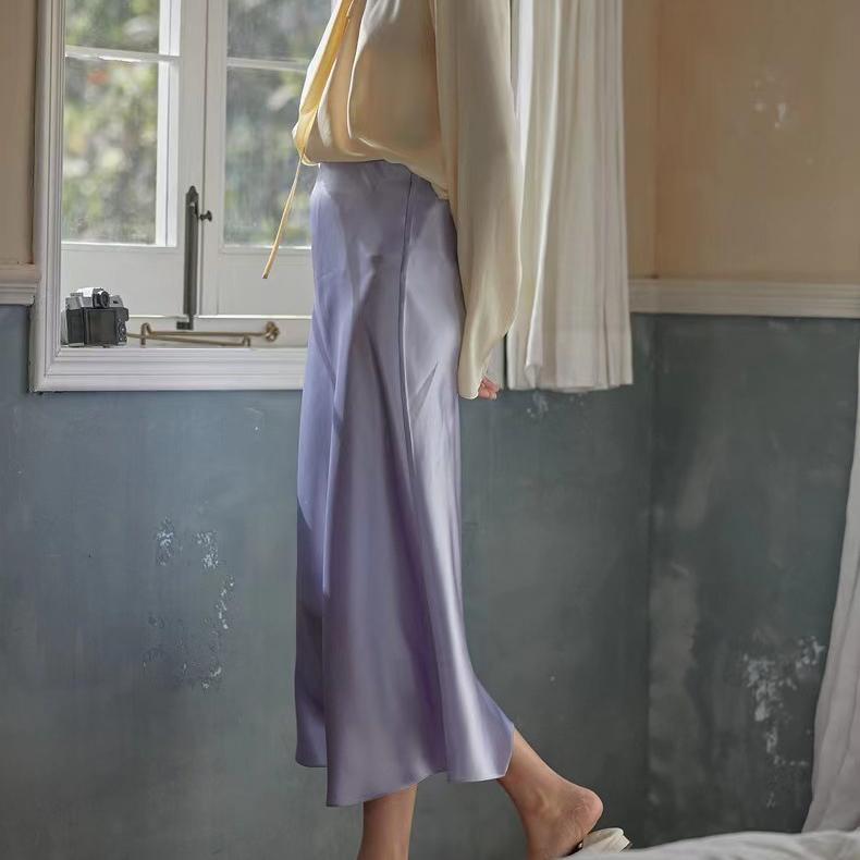 Elegant Women's Skirts Korean Satin Silk A-line Skirt Office Black Champagne Long Summer Skirts