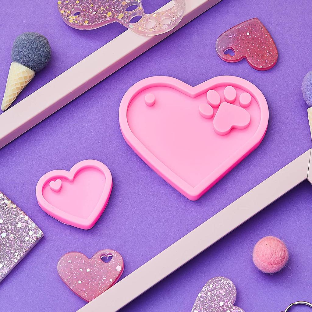 2 Stück Herz Silikonform Herz Pfote Schlüsselanhänger Anhänger Formen Mit 2 Stück Schlüsselringen Für DIY Schokolade Süßigkeit Kuchenaufleger Dekoration