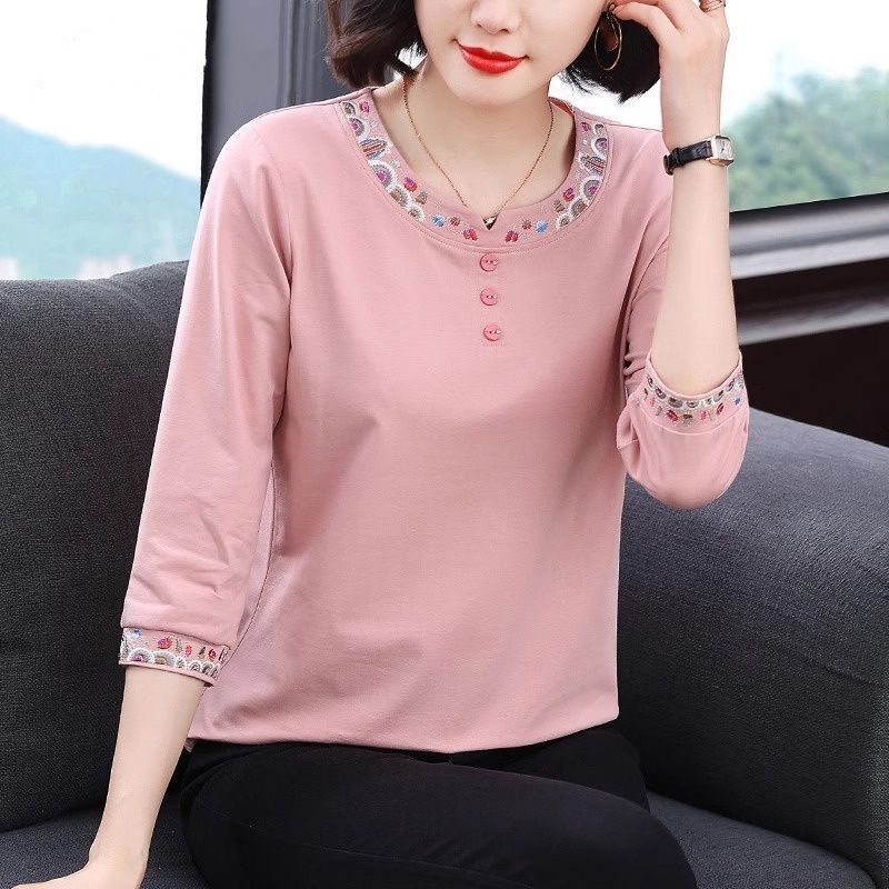 Einfach Lässig Sommer Neu Reine Baumwolle Damen Rundhals Bestickt Knopf Mode Vielseitig 3/4 Ärmel Locker T-Shirts Oberteile