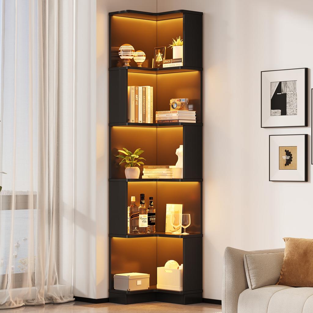 63.5 x 45 x 175cm Corner Bookshelf, Multifunctional, L-Shaped, LED Color-Changing Light Strip, App Control, Five-Tier Storage, Black