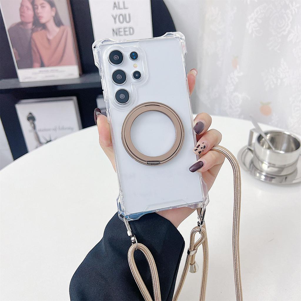 For Samsung Galaxy S25 Ultra Magnetic Case Ring Kickstand TPU+PC Phone Cover with Lanyard