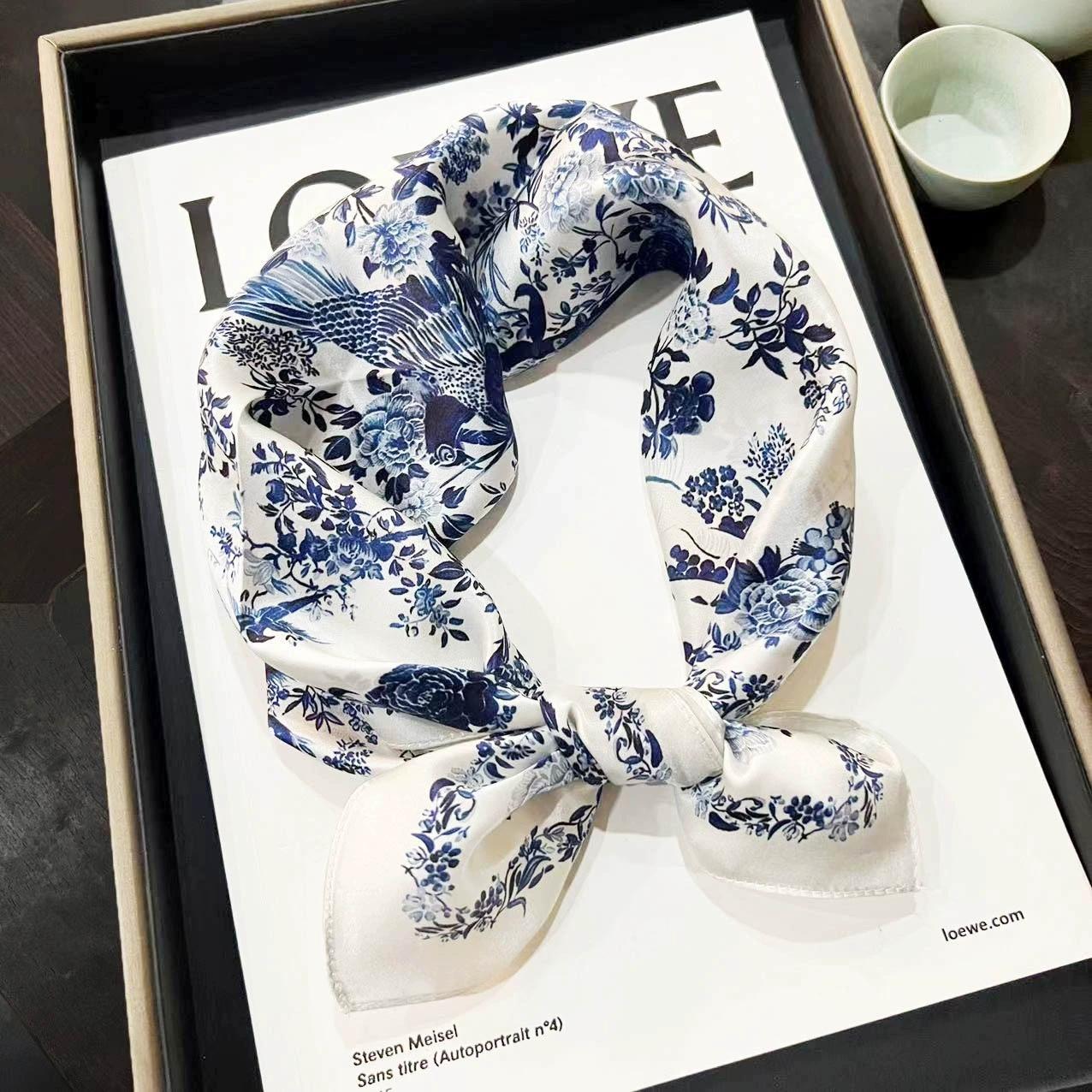 Retro Blue Square 100% Silk Scarf 53Cm Floral Small Head Neck Hijab Women Kerchief High Quality Silk Bandana Scarves 53x53cm