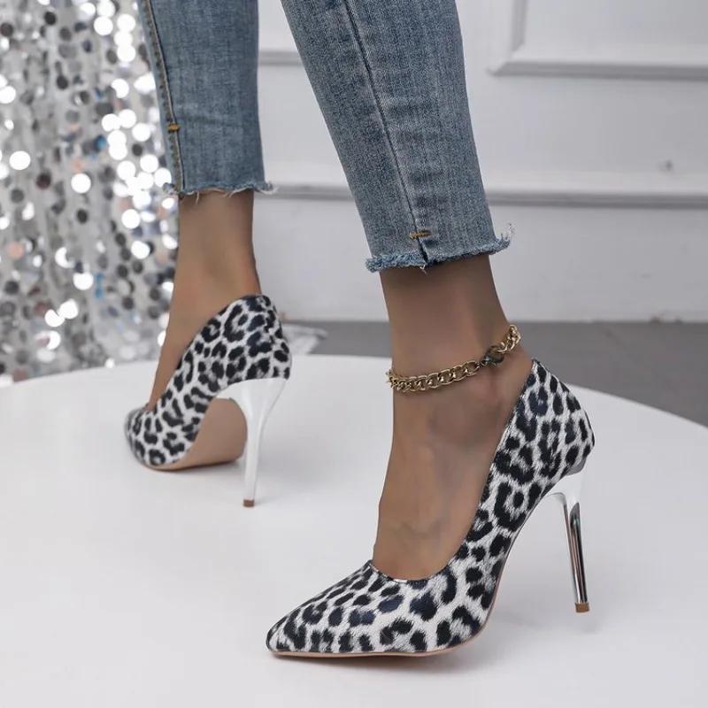 Sexy Elegant Women's Fashion Shoes Leopard Print Fashion Pointed Toe High Heels Sandals 34-43