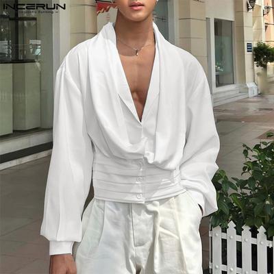 Men Swing Collar Long Sleeve Slim Shirts Casual Solid Short Tops