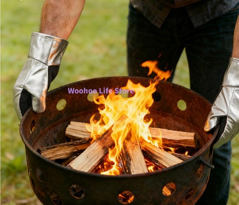 Hitzebeständige Grillhandschuhe Rindsleder Grillhandhabungshandschuhe Rutschfest Outdoor Kochhandschuhe Dicke Camping Feuerhandschuhe