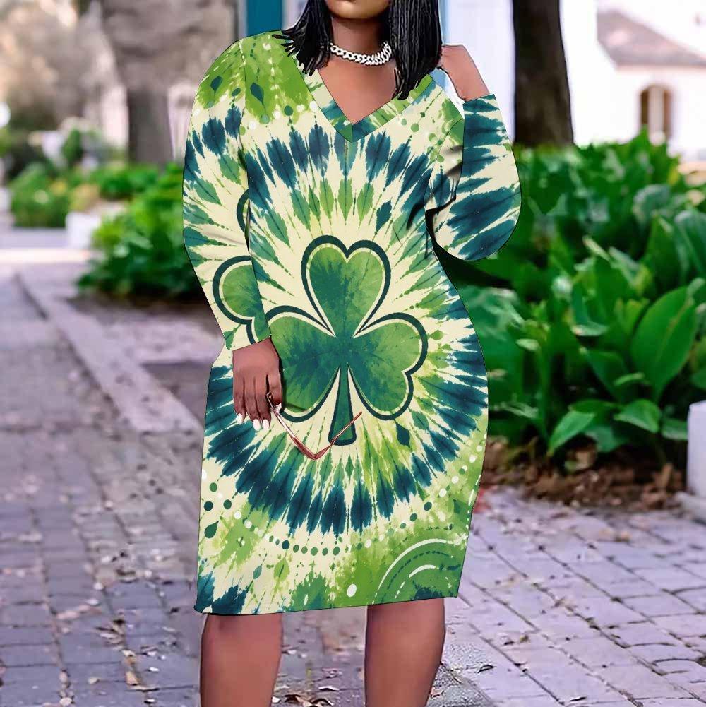 Women Plus Size V Neck Long Sleeve Shamrock Printed Dark Green Fitted Straight Dress
