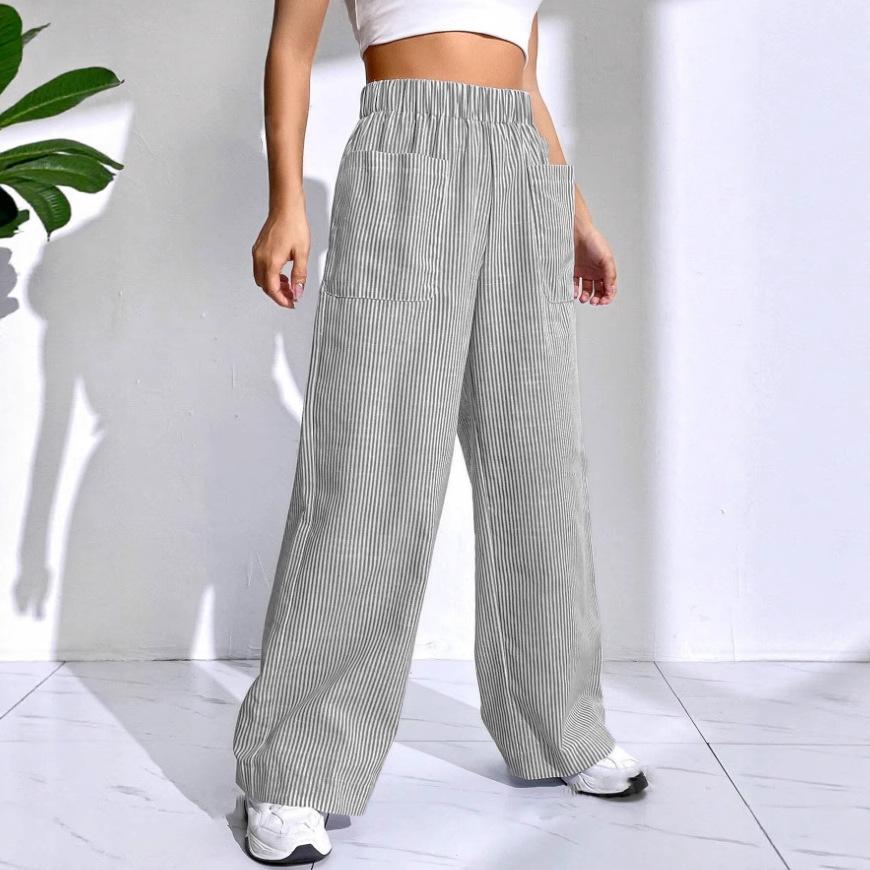Women's Blue and White Striped Wide Leg Pants with Pockets, High Waist Comfortable Casual Trousers