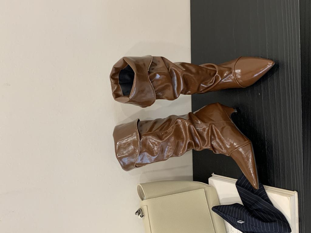 Europe, America 2025 new kitten heel pointed retro pleated sleeve stacking boots wide tube women's two wear medium tube boots