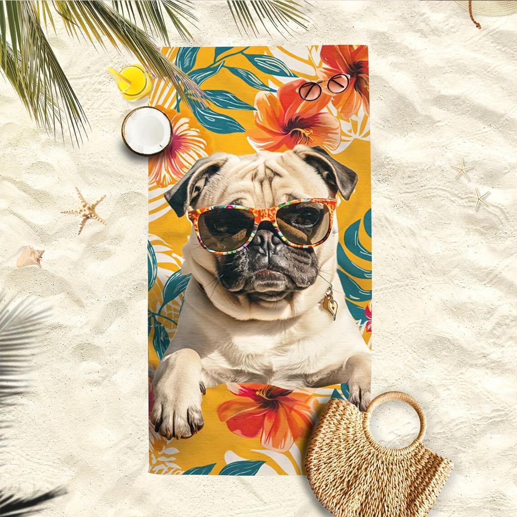 Oversized Quick-Dry Pool & Bath Towel with Pug Print Knit Fabric Machine Washable Animal Theme Towel for Adults Extra Soft