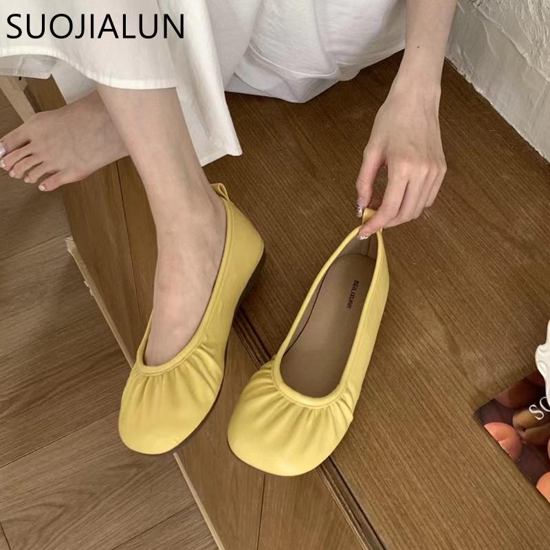 Fashion SUOJIALUN 2025 Autumn Women New Brand Flat Shoes Fashion Pleated Shallow Slip On Single Shoes Soft Flat Heel Outdoor Ballet Shoe