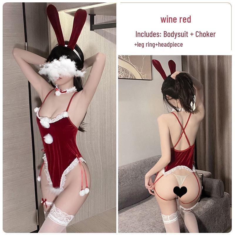 Velvet Bunny Girl Sexy Lingerie Bodysuit - Plush, Patchwork, Open Back Christmas Uniform Set for Women 1405