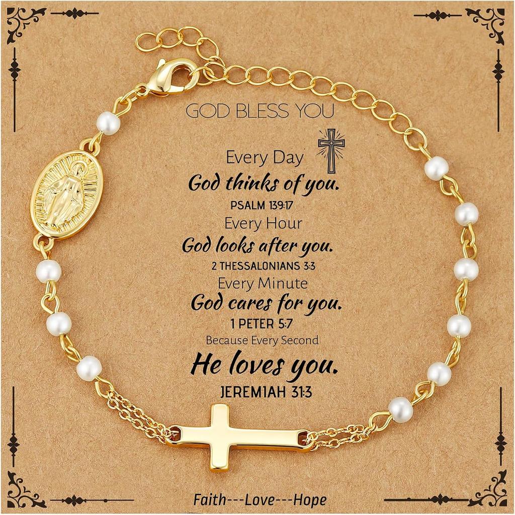 Catholic Gifts for Women Girls Pearl Rosary Beads Virgin Mary Cross Bracelet First Communion Baptism Religious Christian Jewelry
