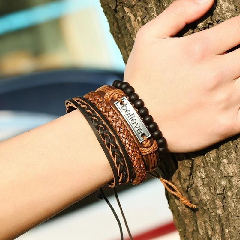 4 PCS/Set Hand Woven Leather Bracelet Wooden Bead Set Bracelet Letter Believe Vintage Accessories Gift