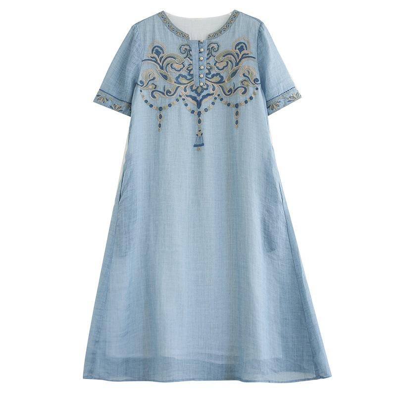 Simple and Casual Summer New Cotton and Linen Literary and Ethnic Style Embroidery Loose Short-sleeved Dress Women