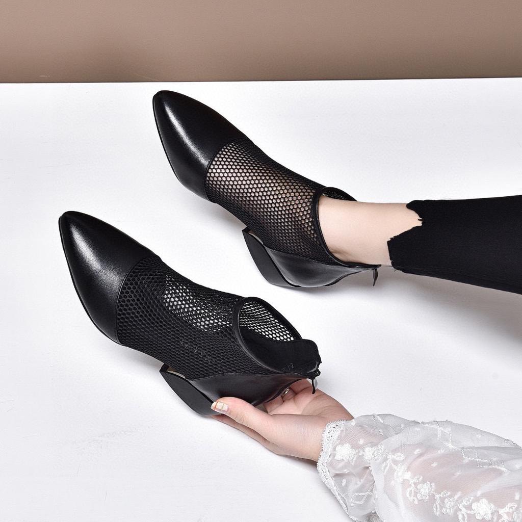 Pointed women's shoes spring new black first-layer cowhide mesh single shoes rear zipper women's fashion shoes