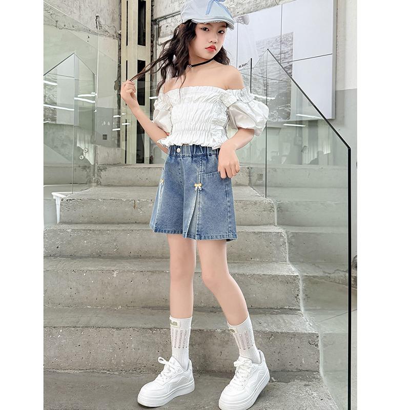 Fashion Summer Girls Shorts Jeans Bow Decoration Denim Pants Kids Children Outdoor Short Trousers