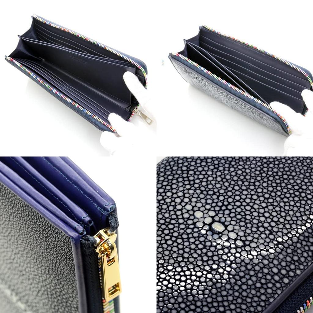 Levetta Rochenleder Langes Portemonnaie, YKK Mix Farben, L-Reißverschluss, Galuchat und Rochen Designs, Marineblau, Für Damen und Herren, Echtes Leder