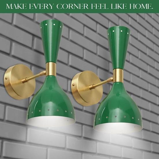 Mid Century Modern Green Brass Wall Sconce Lamp  Retro Double Shade, Handmade Bedroom Lighting