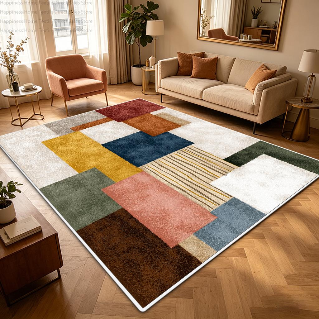 Nordic Retro Warm Colored Living Room Carpet Machine Washable Non-slip Decoration Bedroom Rug Short Velvet Study Geometric Mat