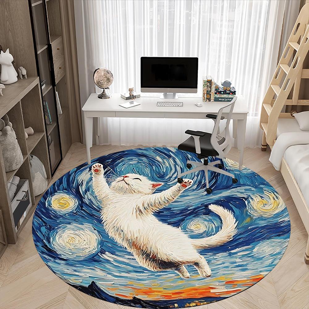 1pc Cat Night Sky Office Round Area Rug, Under Office Chairs Bedroom Living Room Home Decor, Room Deco, Available In Various Sizes