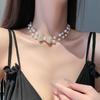 2024 Bow Knot Pearl & Rhinestone Double Layer Tassel Choker Necklace for Women