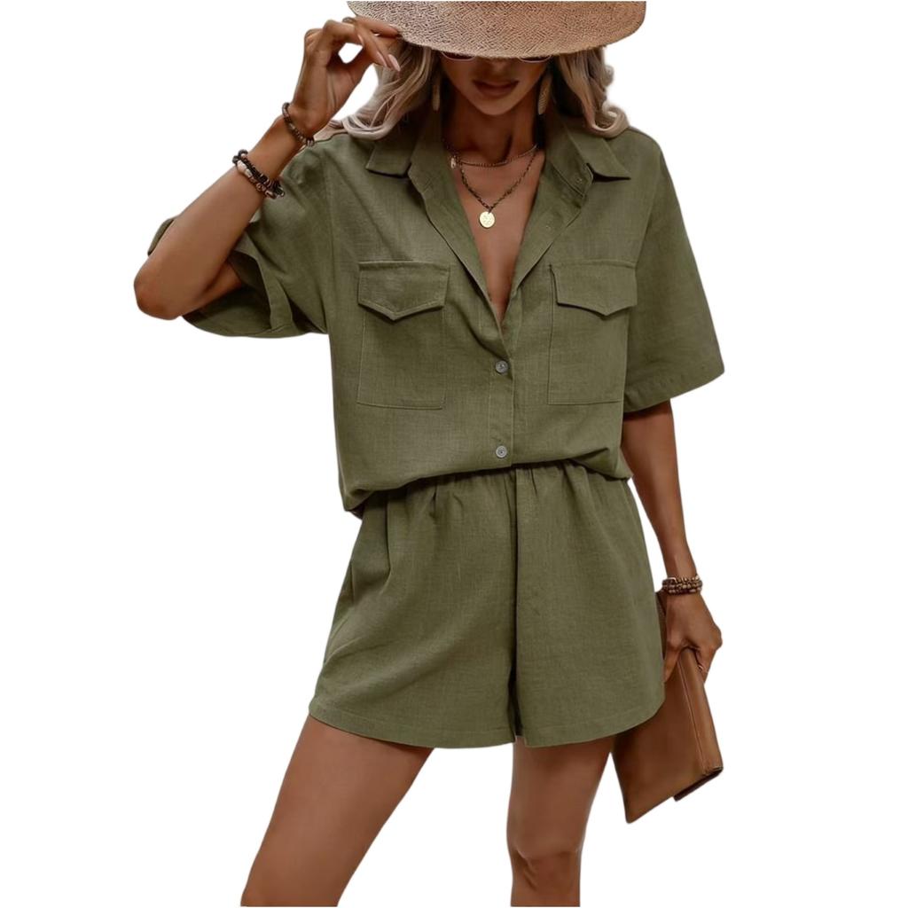 Fashion Women'scolor Single Breasted Short Sleeved Shirt Loose Casual Shorts Set