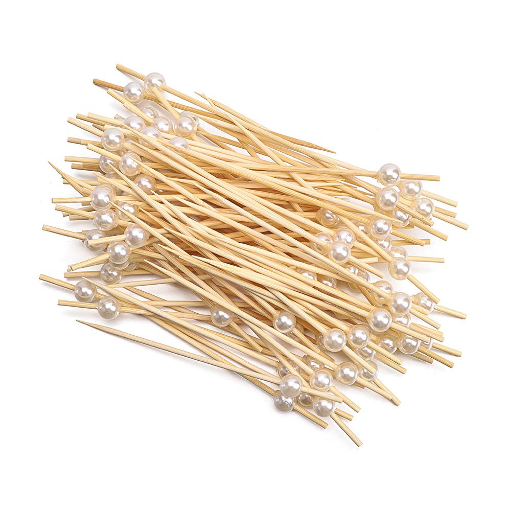 100PCS Pearl Bamboo Cocktail Picks Wooden Toothpick Food Skewer Picks Fruit Snack Fork Party Wedding Festival Supplies
