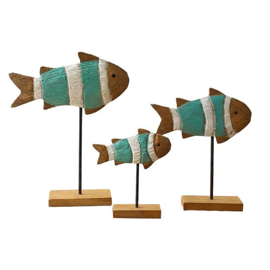 3 Pcs Wooden Fish Tabletop Centerpiece Ocean Sea Animal Sculpture Rustic Standing Wood Fish Sign Table Ornament for Coastal Beach Home Office Decor