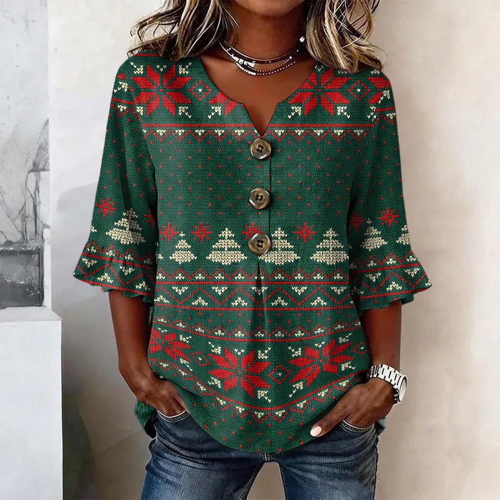 Women's Casual Christmas Print Button Front Top with Lace Sleeves