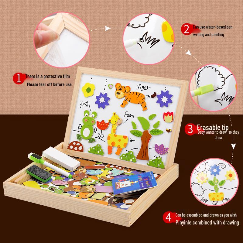 Wooden Animal Zodiac Magnetic Puzzle & Drawing Board for Kids