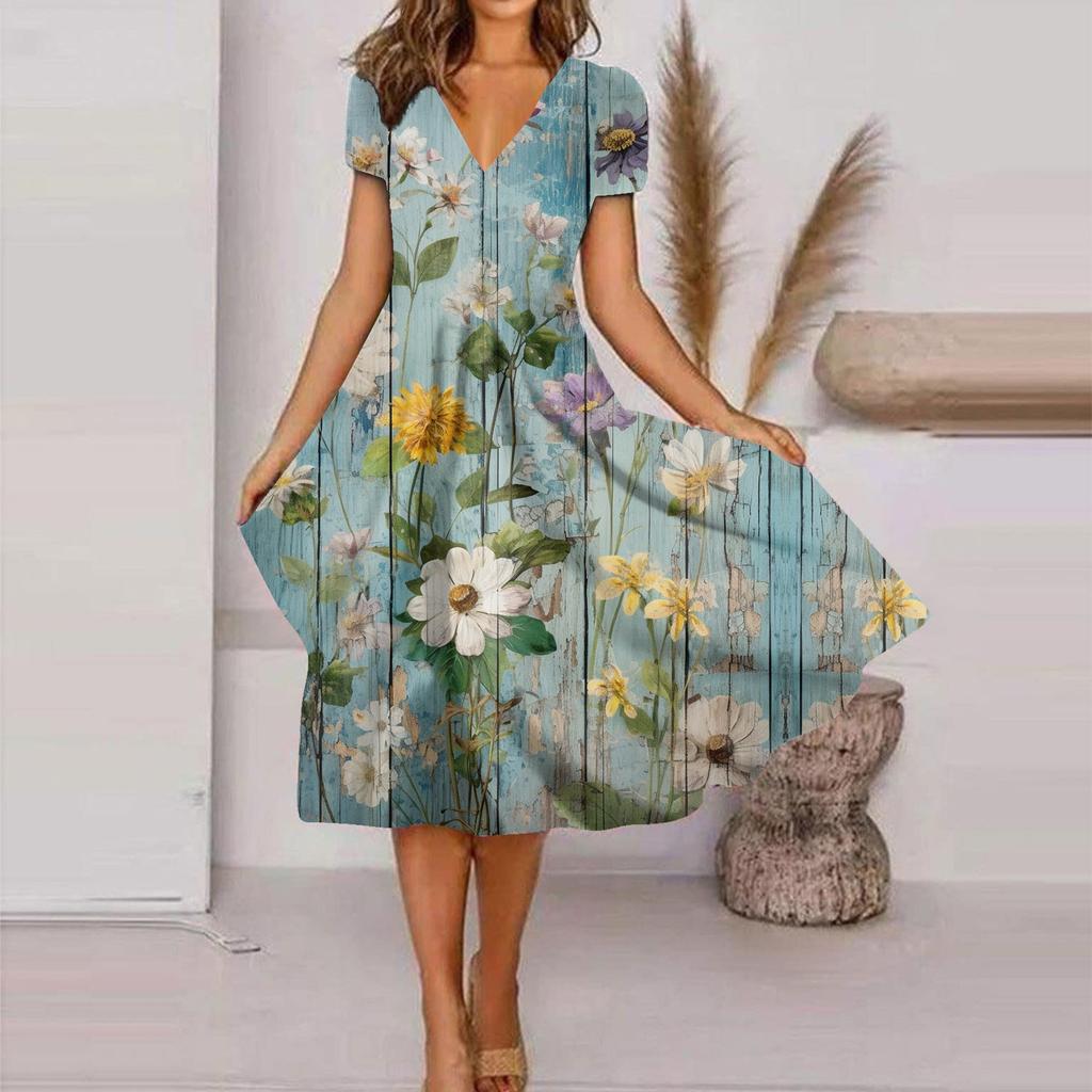 Sommer-Freizeitkleider für Damen, kurzärmeliges Swing-Sommerkleid, T-Shirt-Kleid mit Blumendruck