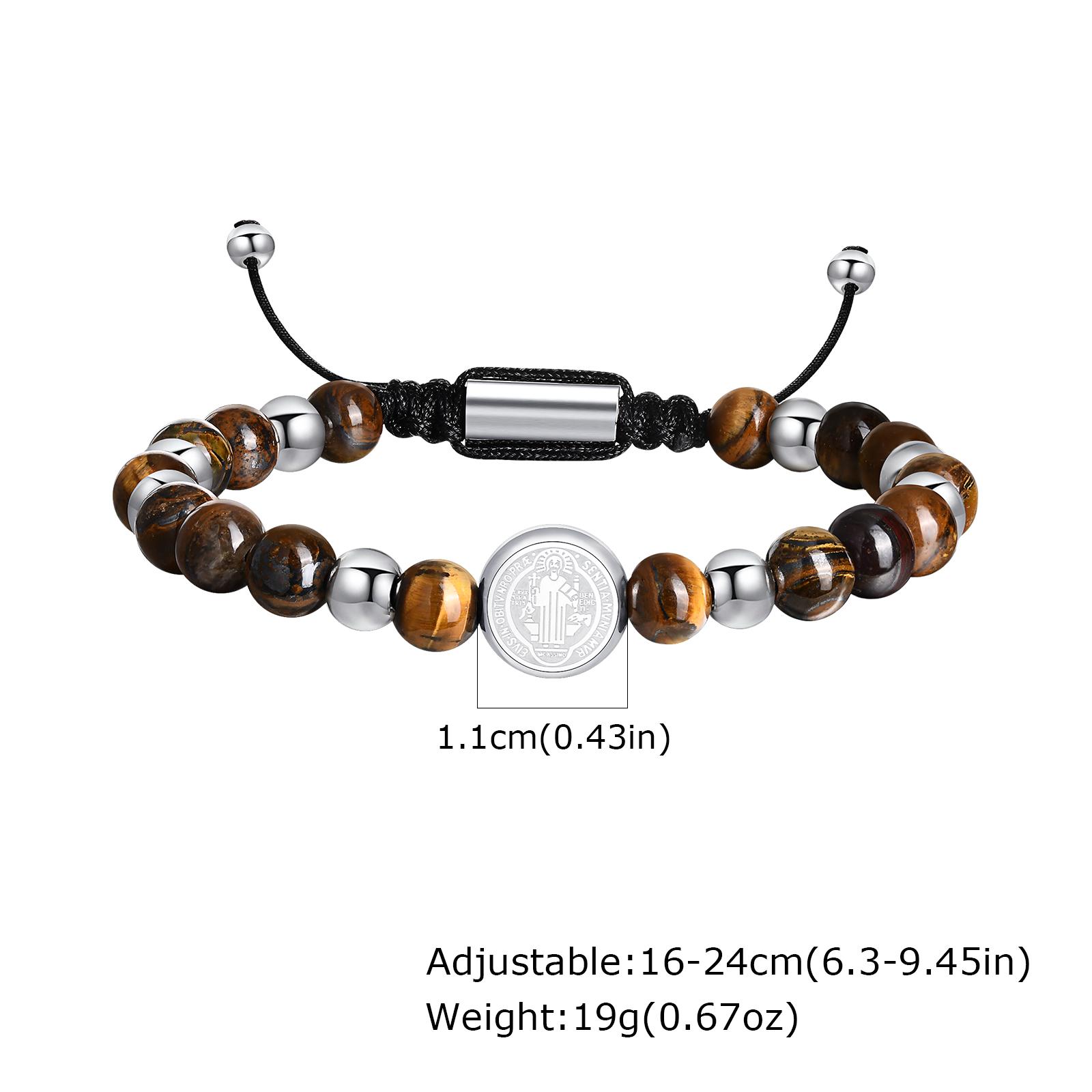 

Saint Benedict Natural Stone Beads Bracelet for Men Boys,Stainless Steel Cross Adjustable Wristband, Religious Christian Jewelry
