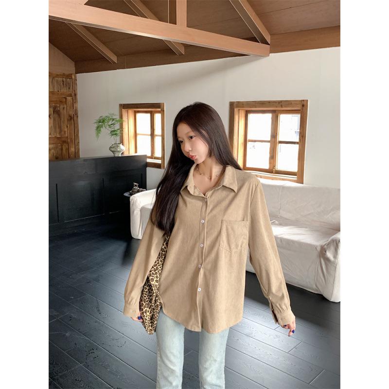 Plus Size Women's Retro Corduroy Shirt - Casual Long Sleeve BF Style for Spring & Autumn