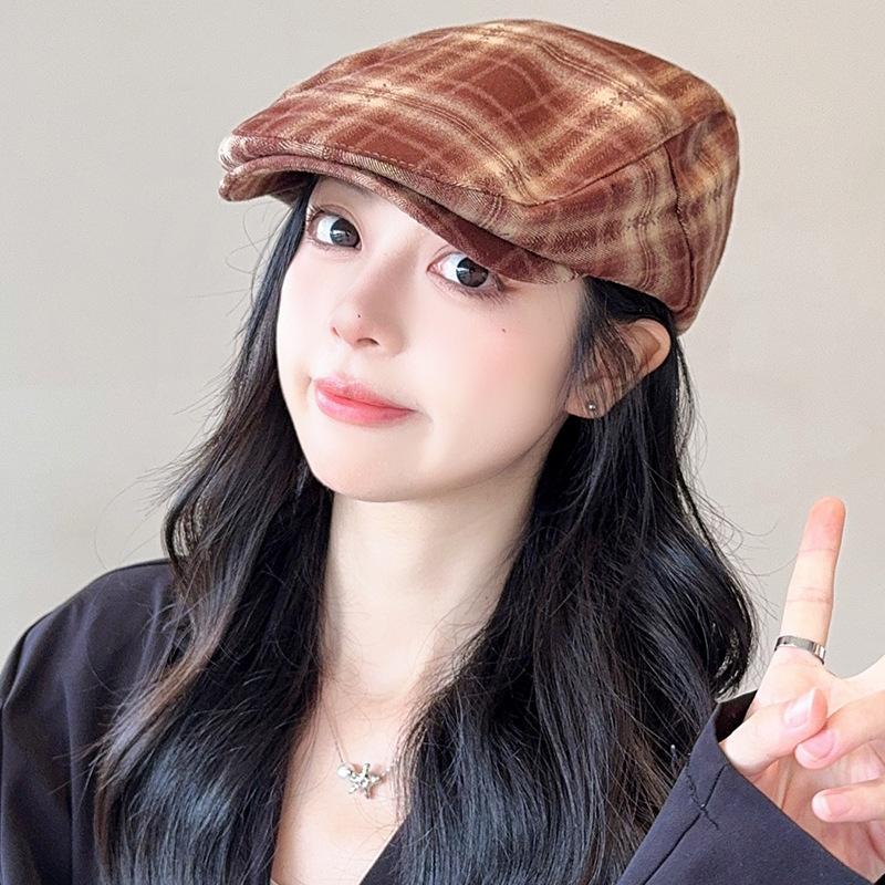 Plaid Backwards Forward Hat Women's Autumn and Winter Japanese Retro Duck Beret Personalized Versatile Painter's Newsboy Hat