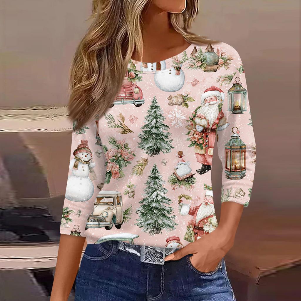 3/4 Length Sleeve Womens Tops Floral Print Vintage Fashion Casual Loose With Round Neck Plus Size Shirts