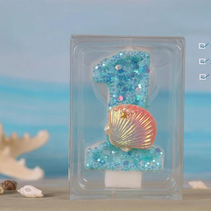 Ocean Mermaid Cake Number Candles 0-9 Blue Cake Topper with Sequins Girls Birthday Party Cake Decoration Supplies Boy Shell Gift